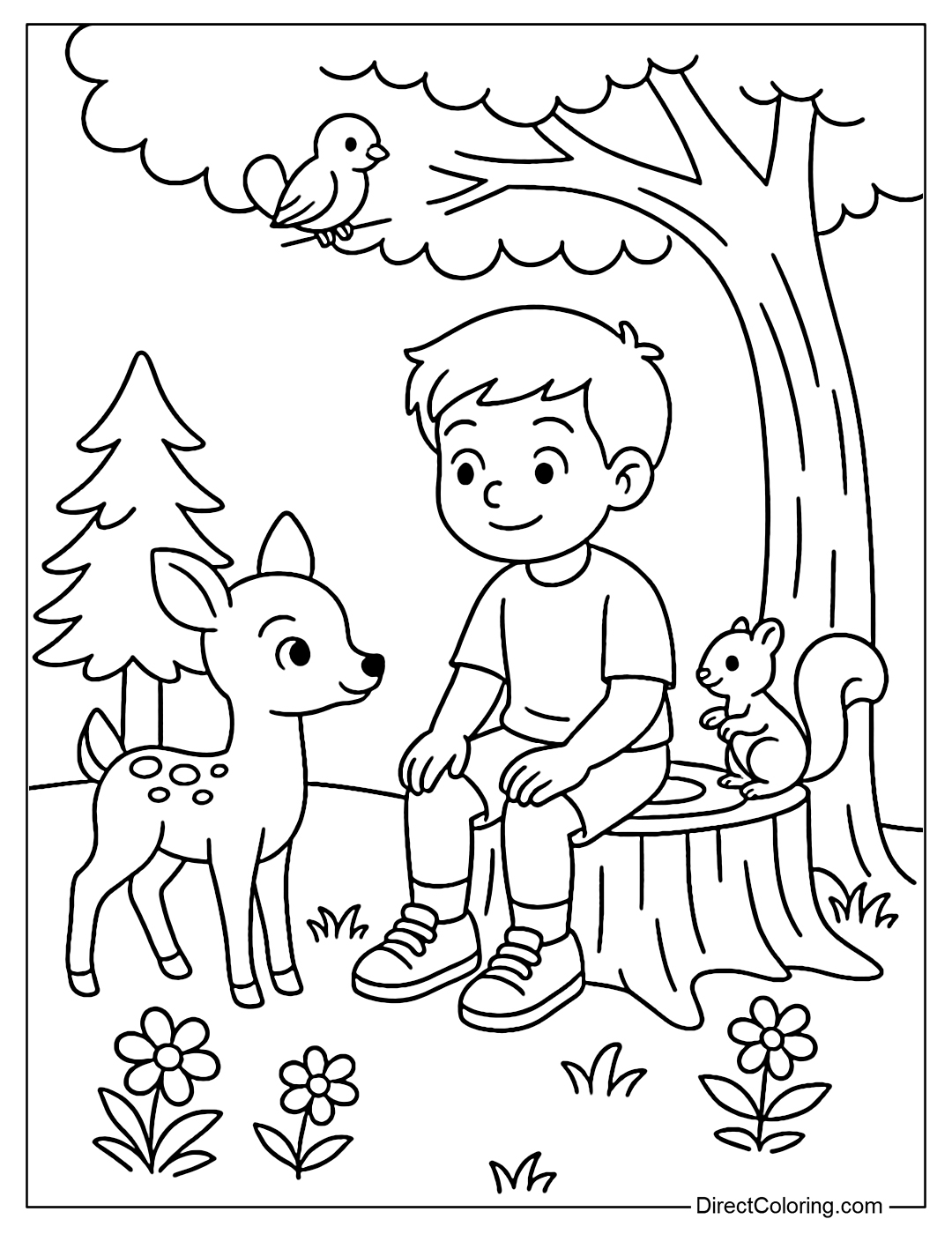 A coloring page of a child resting on a tree stump, with a small deer, squirrels, birds, and some wildflowers nearby.